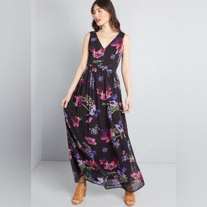 NWT ModCloth Muster the Length Black Floral V-Neck Sleeveless Maxi Dress‎ Sz XXS